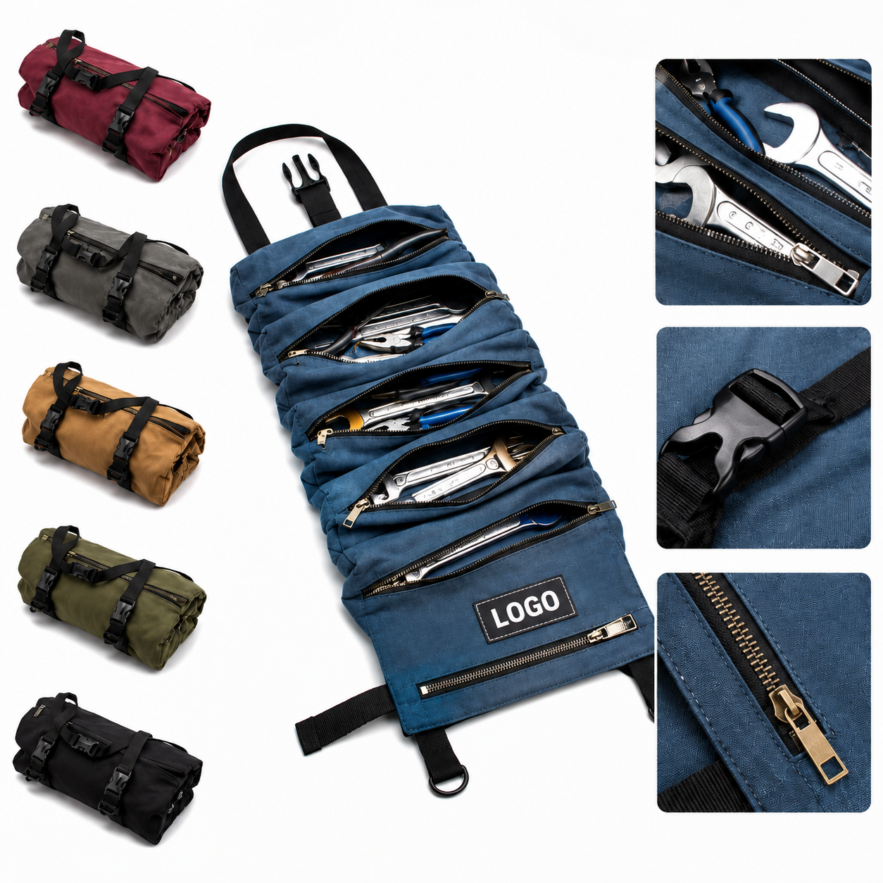Multi-Pocket Canvas Tool Roll Organizer with Quick-Release Buckles