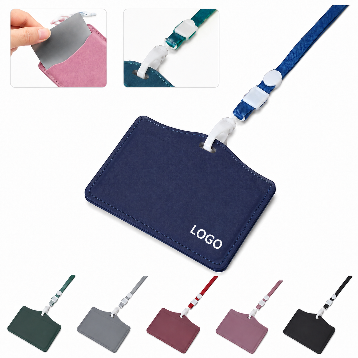 Professional Synthetic Leather ID Badge Holder with Breakaway Lanyard