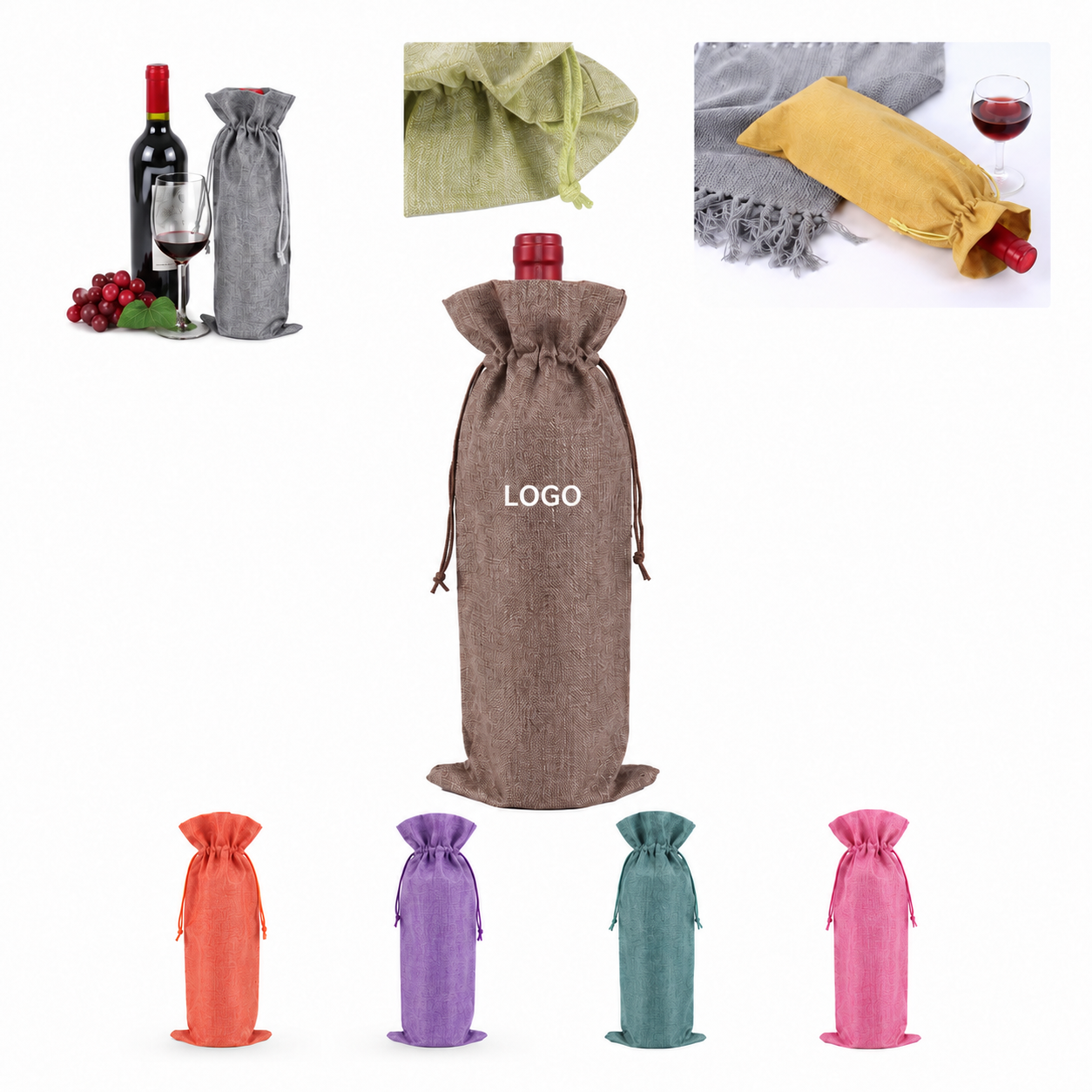 Natural Fiber Wine Bottle Pouch with Corded Closure